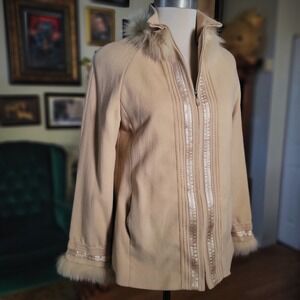 TAHAN Beige Wool Rabbit Hair Trim Zip Front Jacket Women Size S